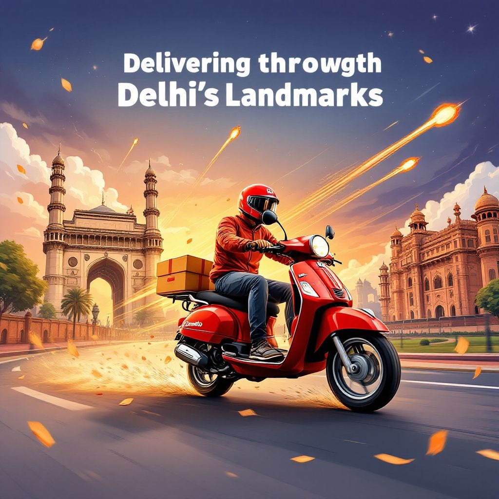 A red scooter throwing sparks past India Gate at sunset. One letter wrong in the whole picture.