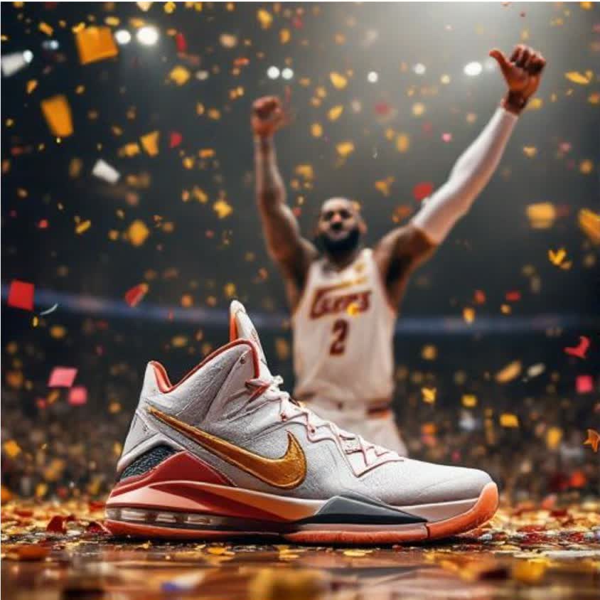 Confetti, a lit arena and a shoe in focus with the athlete deliberately thrown out of focus behind it. That depth of field was asked for and delivered.
