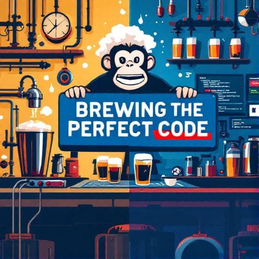 Half brewery, half editor, one chimp holding the sign. Brewing The Perfect Code, spelled exactly right.